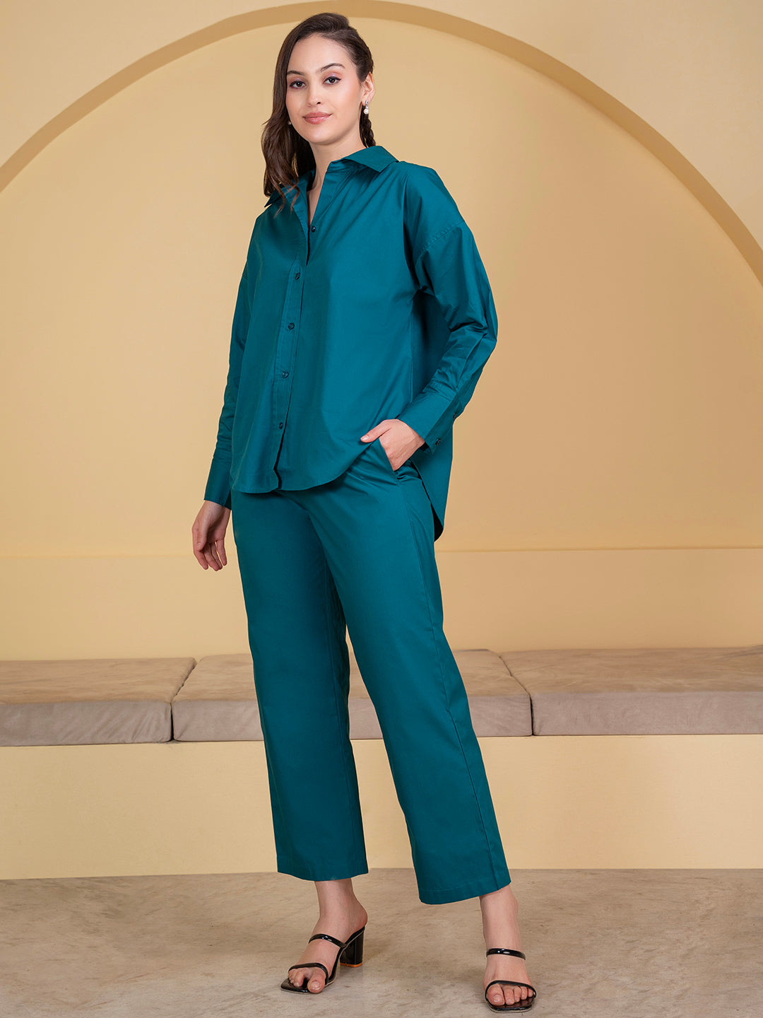 Front view of turquoise poplin cotton co-ord set with pants