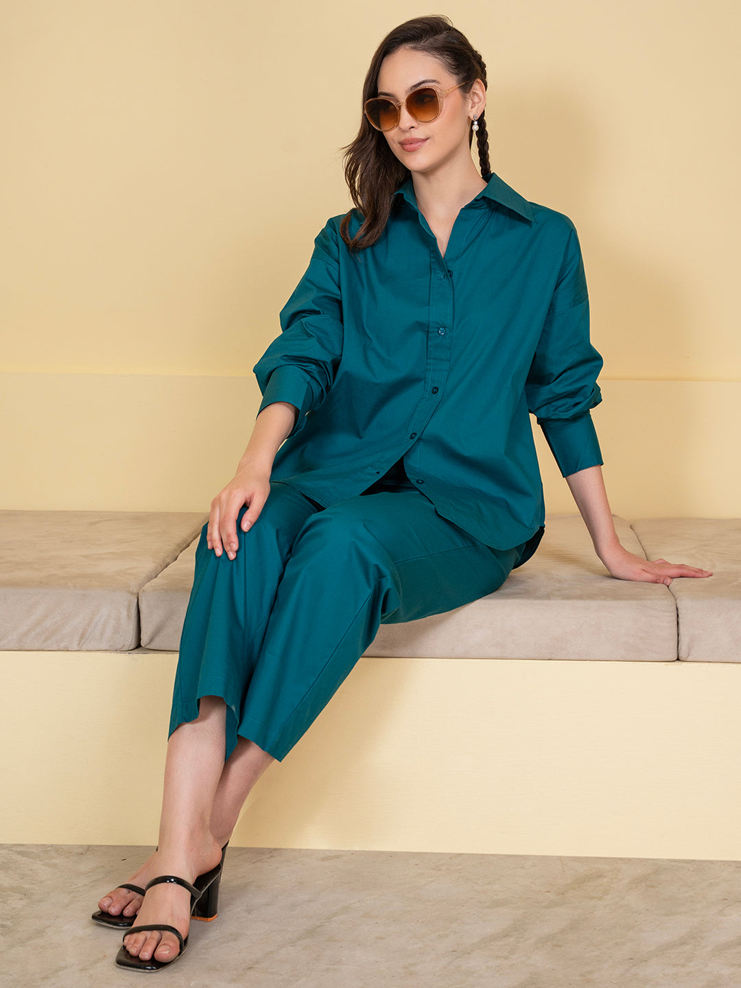 Detail of buttons on turquoise poplin co-ord shirt