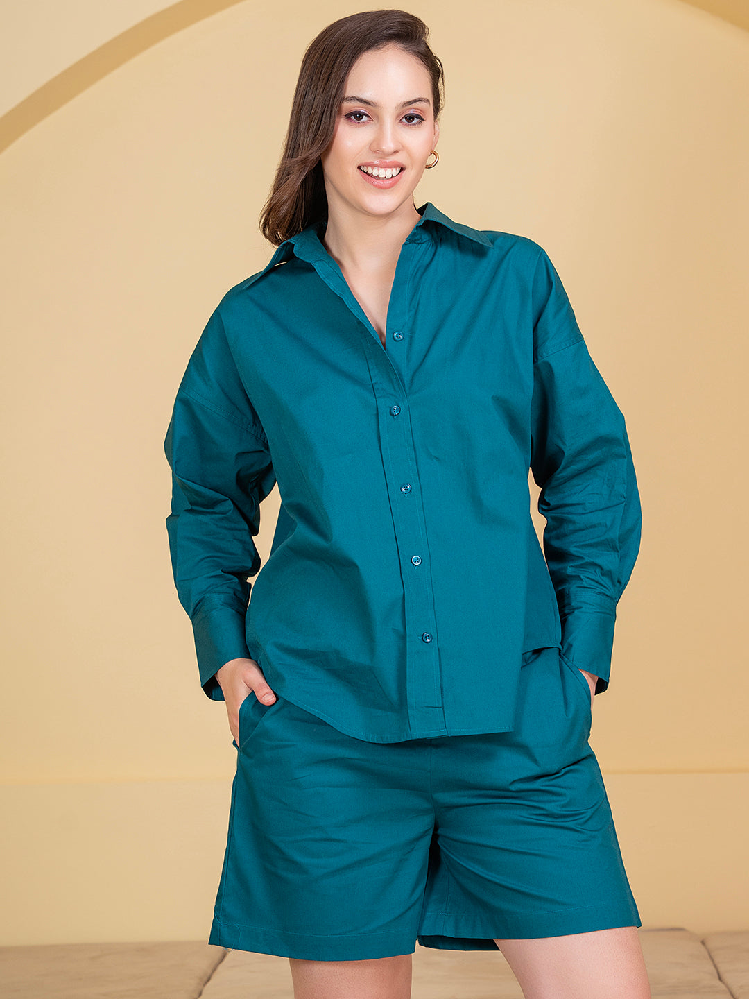 Front view of turquoise poplin cotton co-ord set