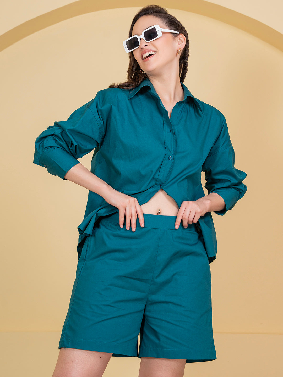 Back view of turquoise poplin co-ord set