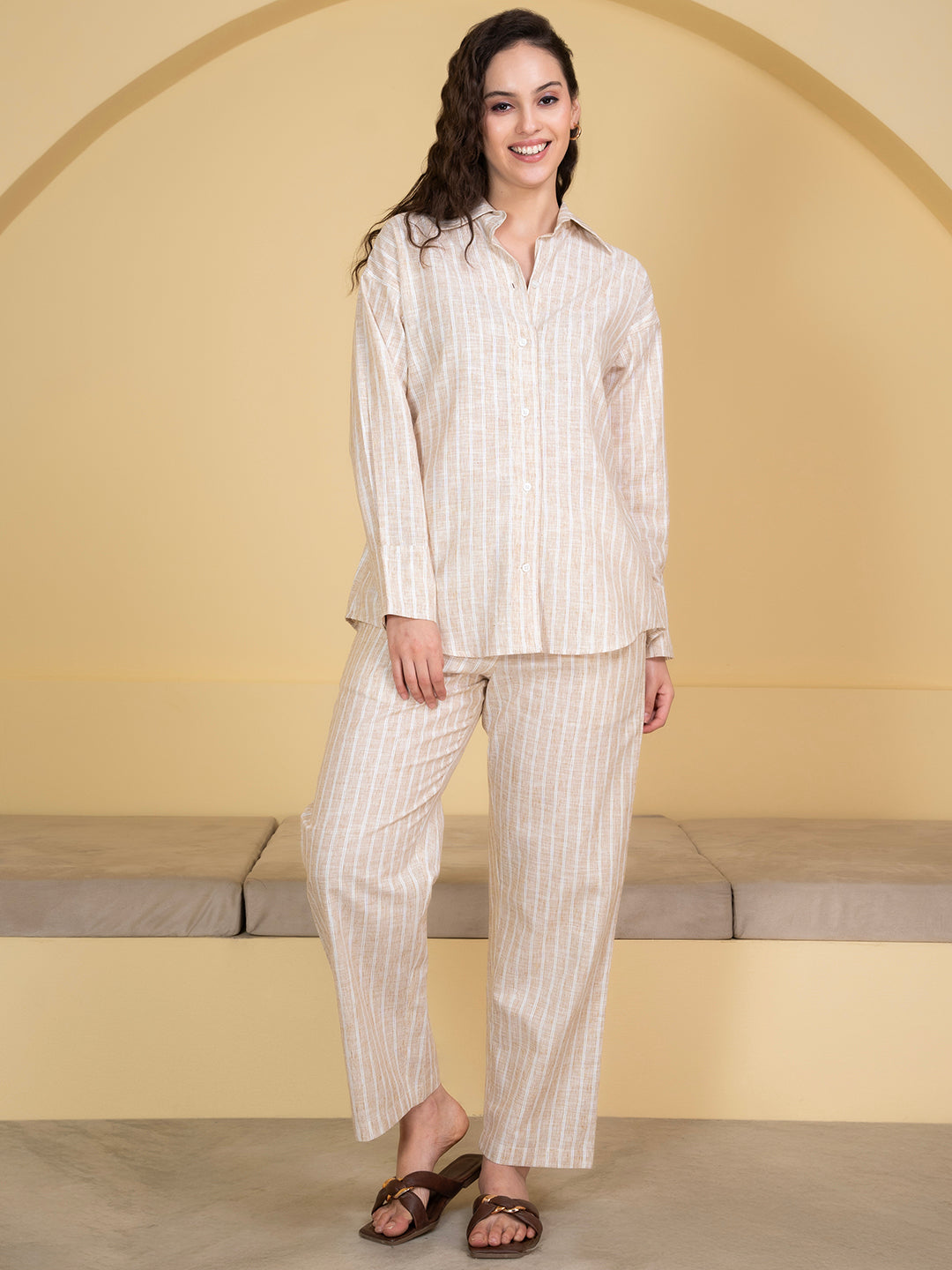 Front view of white and beige striped linen co-ord set