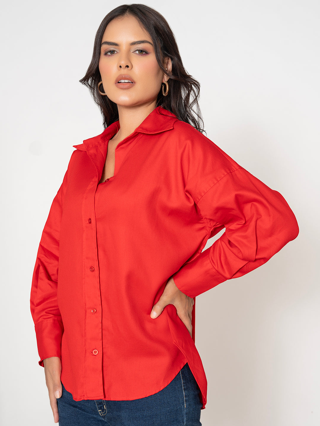 Back view of red cotton twill shirt