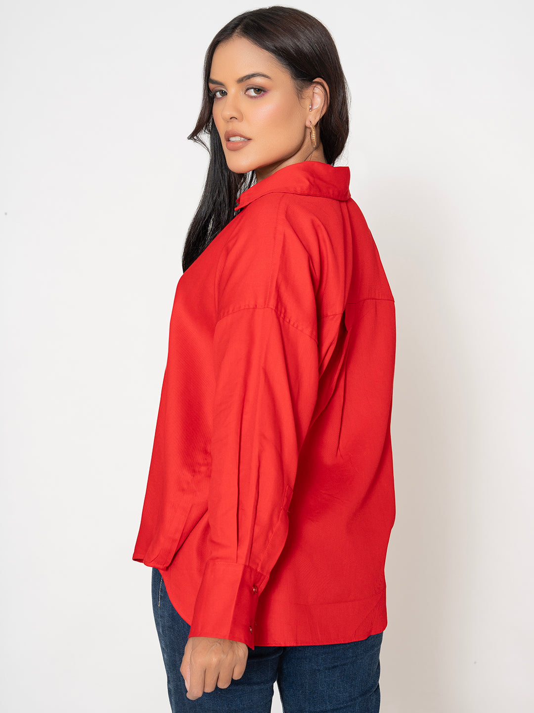 Red cotton twill shirt sleeve detail