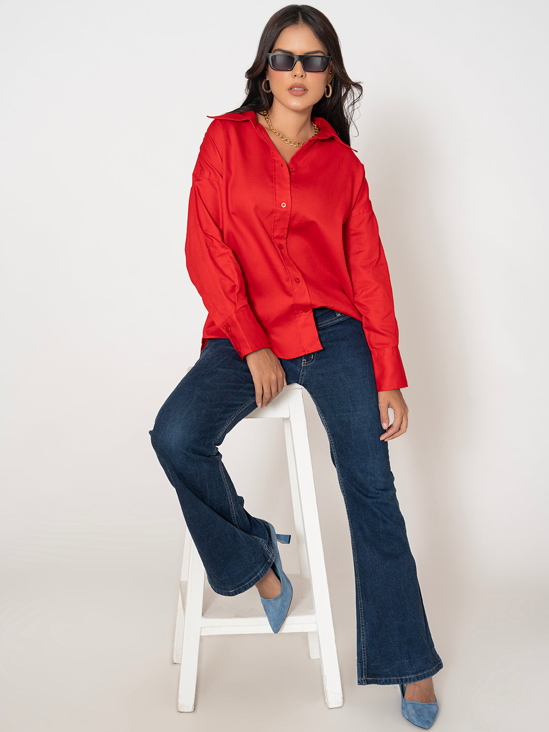 Side view of red oversized cotton twill shirt