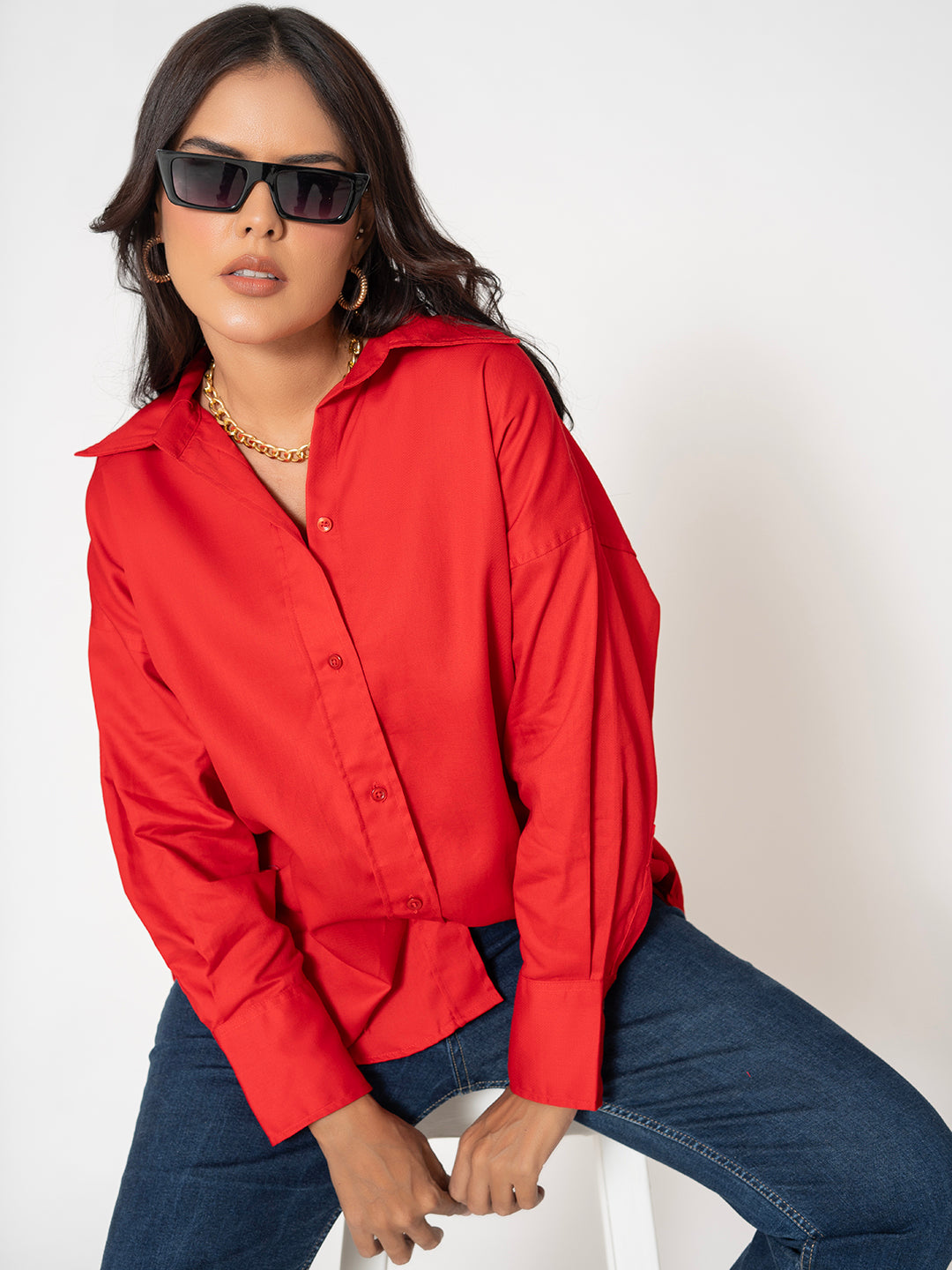 Front view of red twill cotton oversized shirt for women