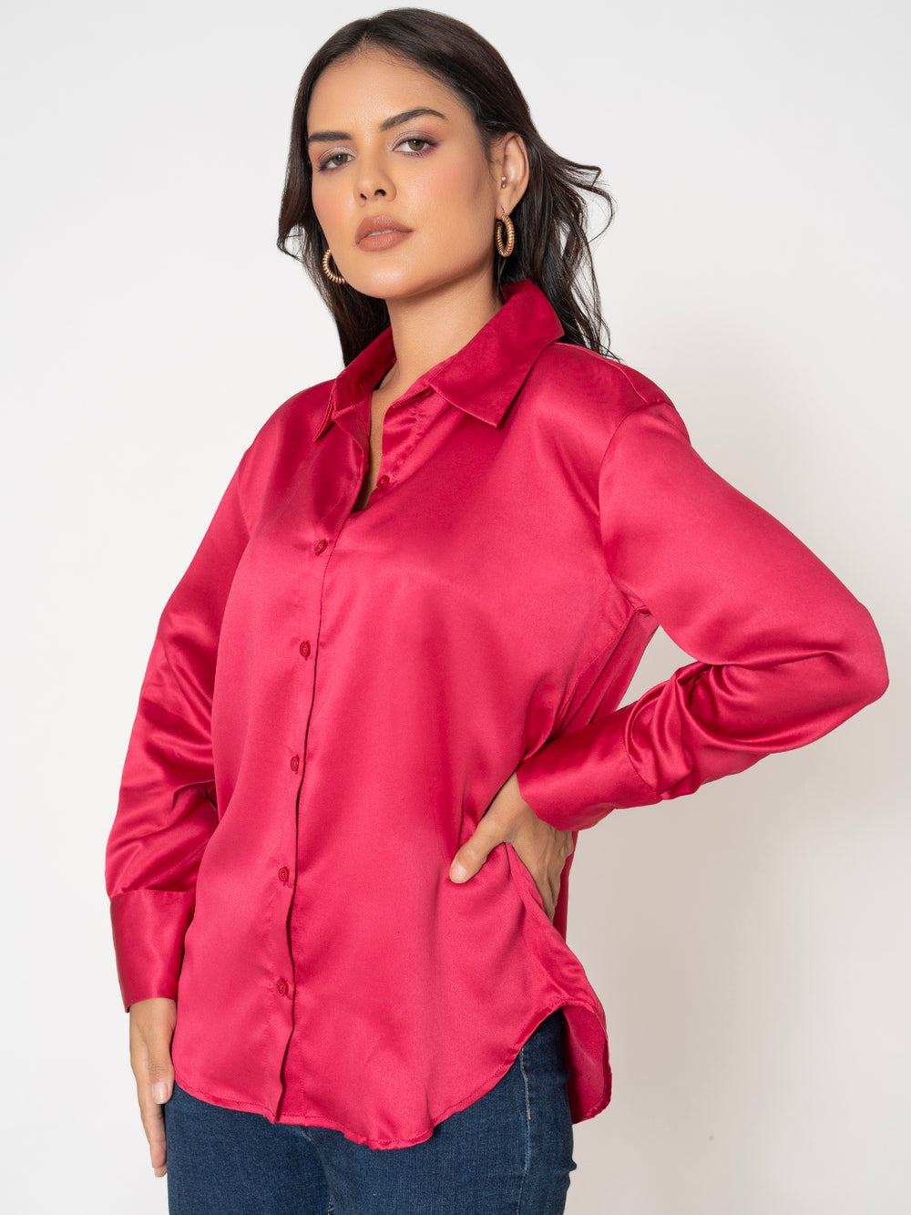 Pink satin shirt styled with spread collar and long sleeves