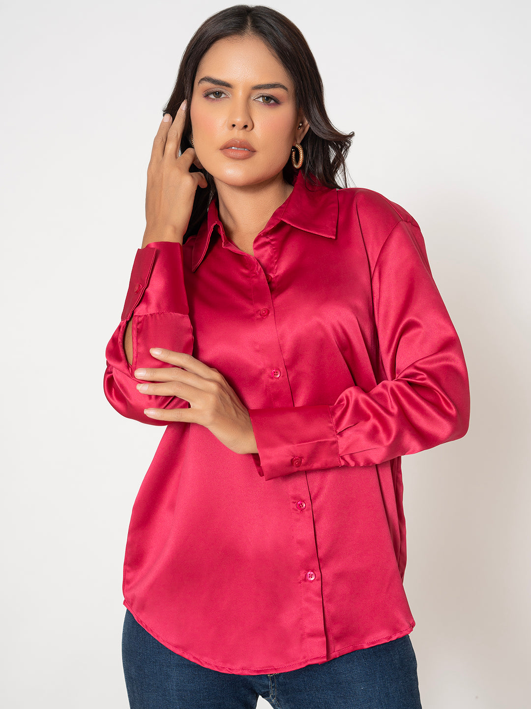 Side view of pink satin relaxed fit shirt