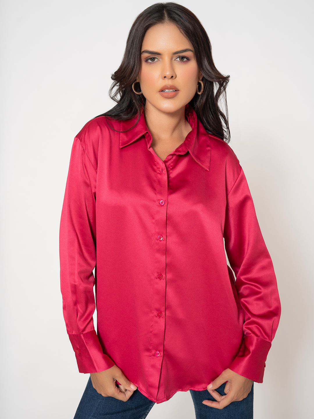 Front view of pink satin relaxed shirt for women