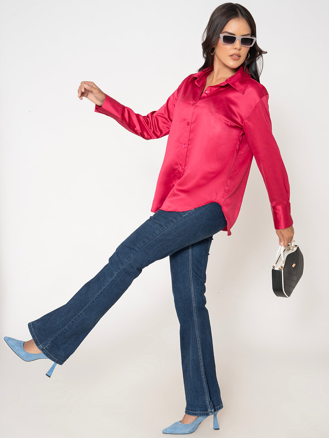 Pink satin shirt buttoned up full length view