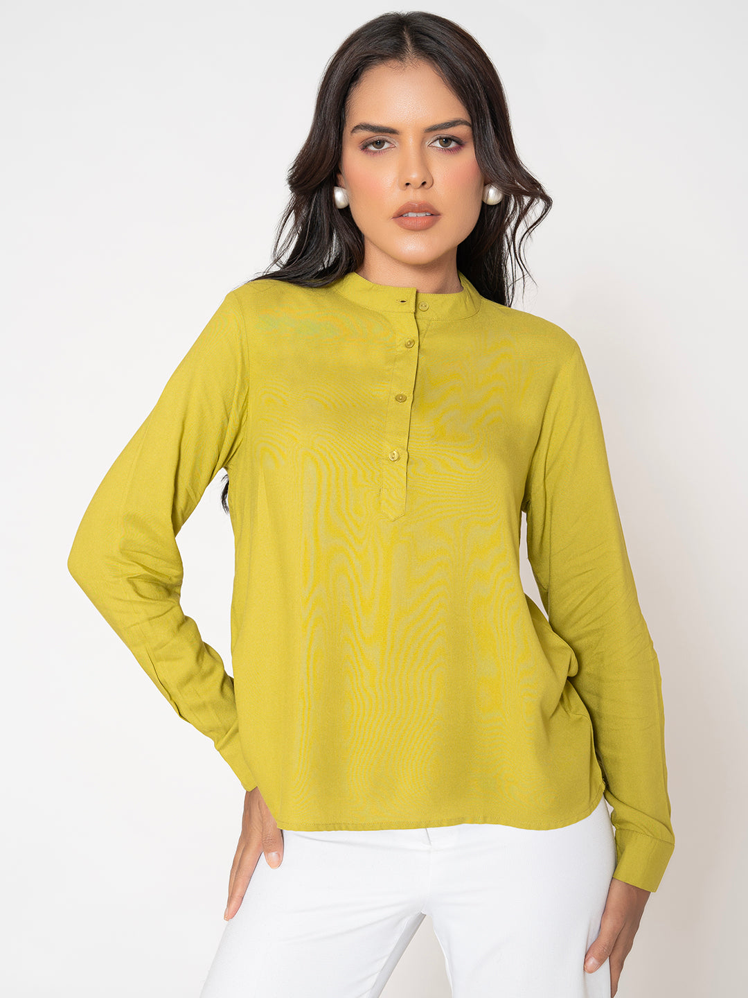 Front view of lime green rayon top with relaxed fit