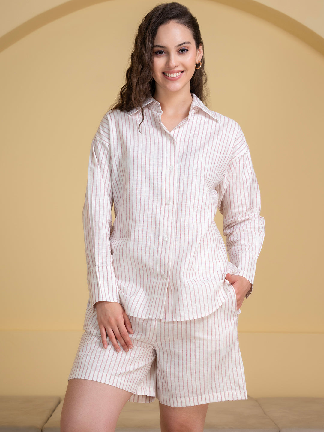 Close-up of white and pink striped linen blend fabric