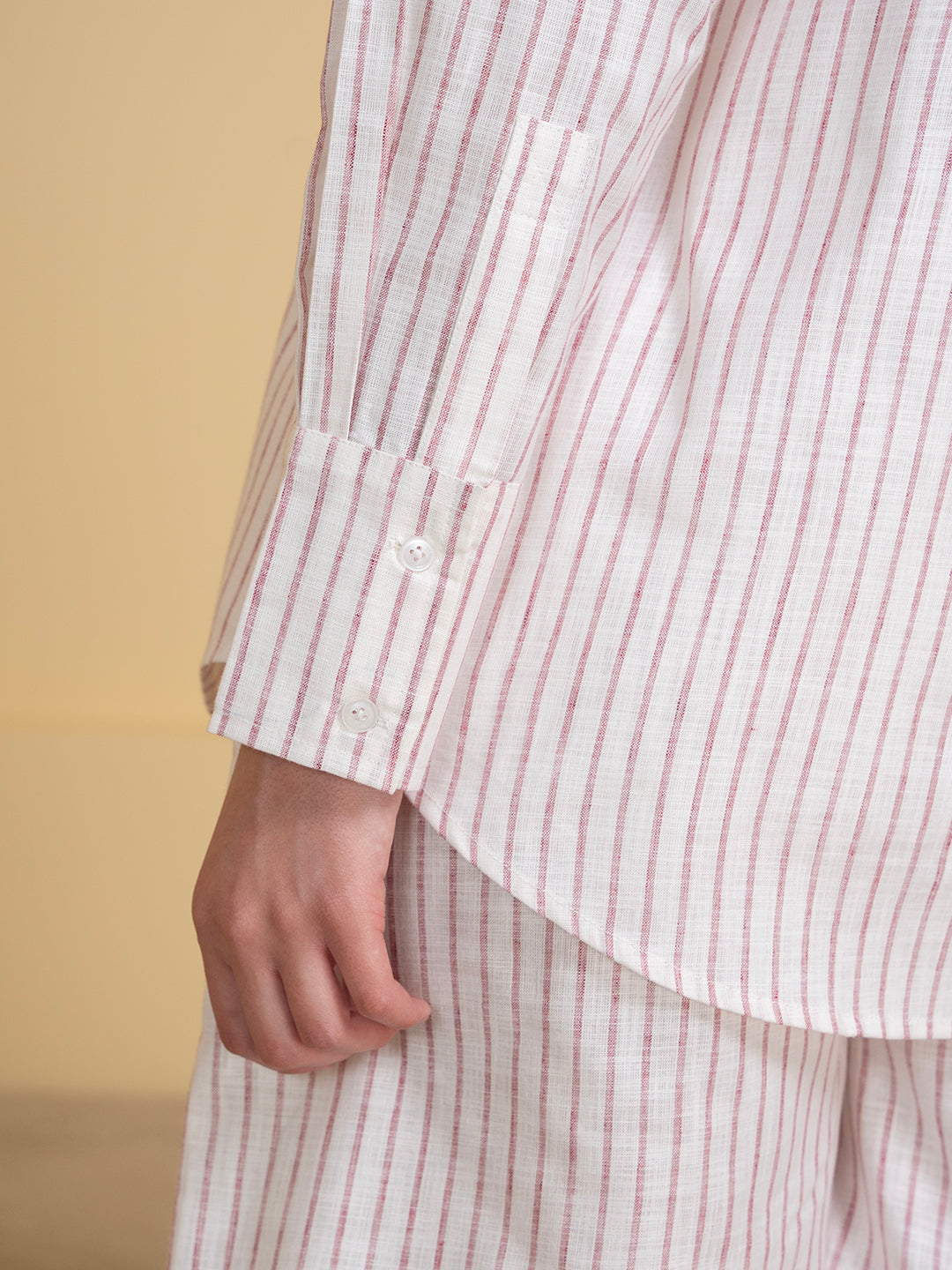 Back view of white and pink linen co-ord set