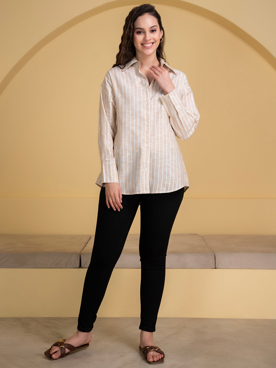 Side view of white and beige linen striped shirt