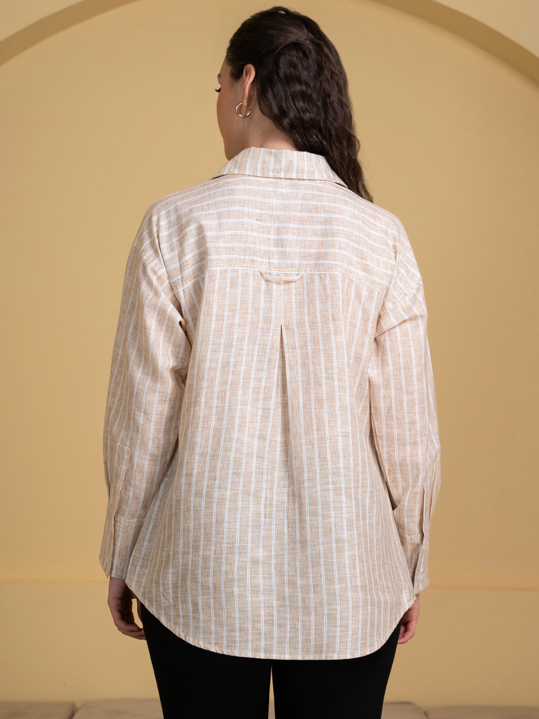 Close-up of white and beige stripe pattern on linen blend