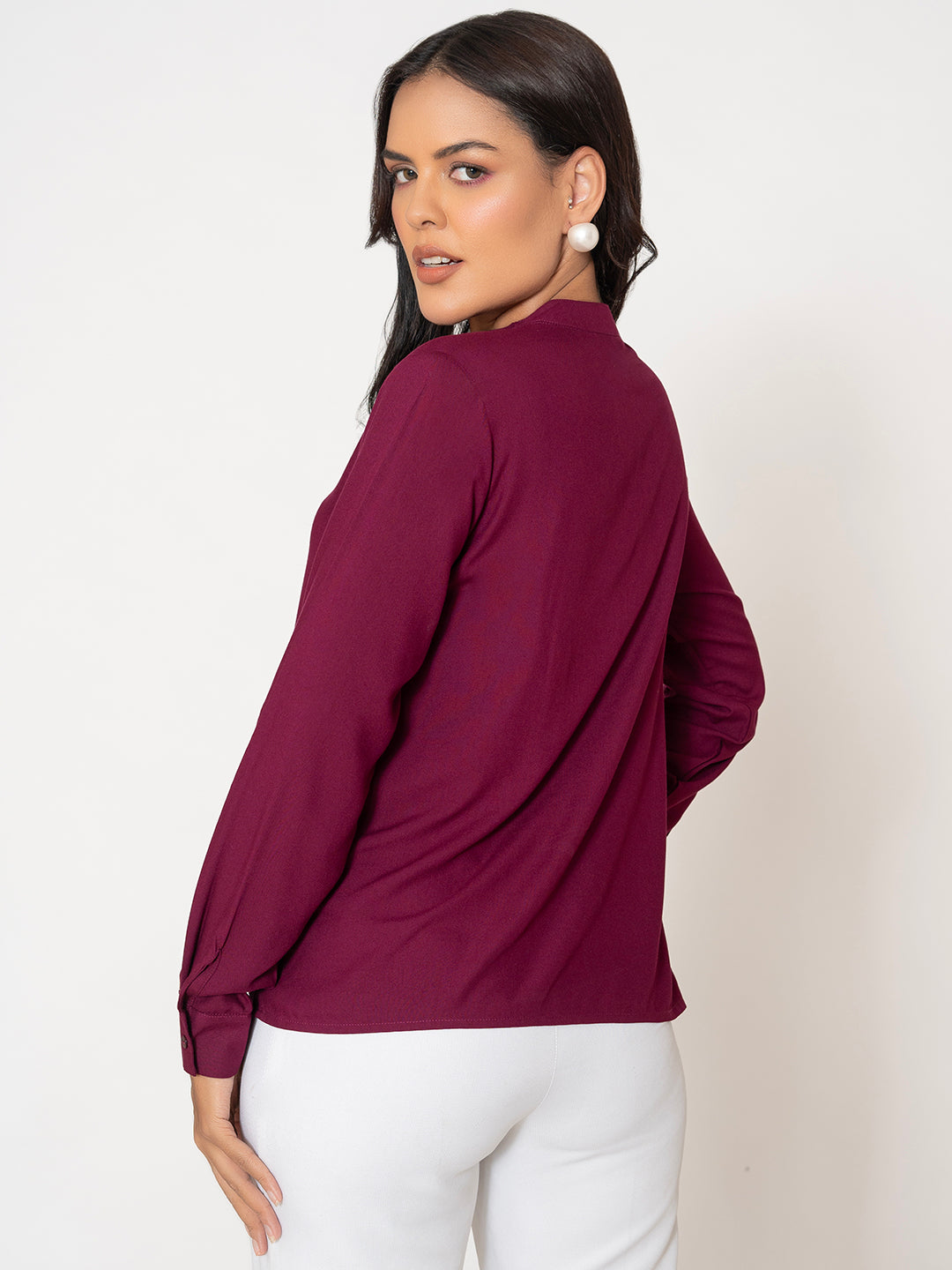 Close-up of neckline on wine rayon top