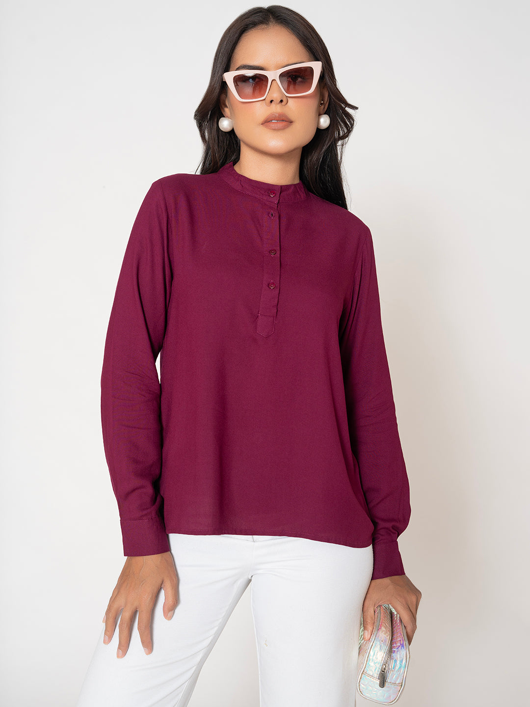 Front view of wine rayon top with relaxed fit