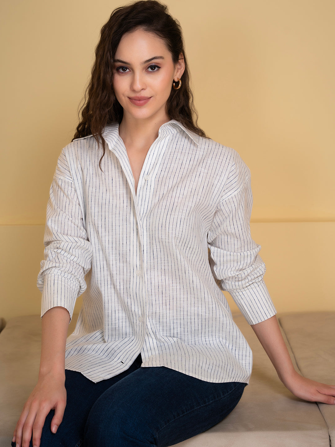 Front view of white and blue linen blend striped shirt