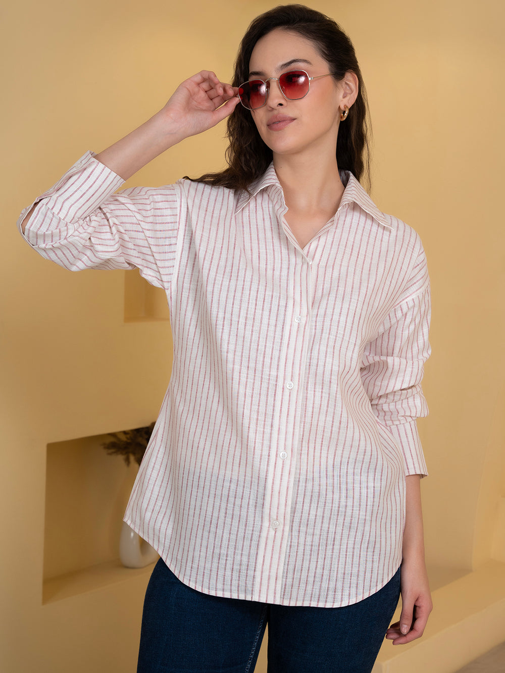 Side view of white and pink linen striped shirt