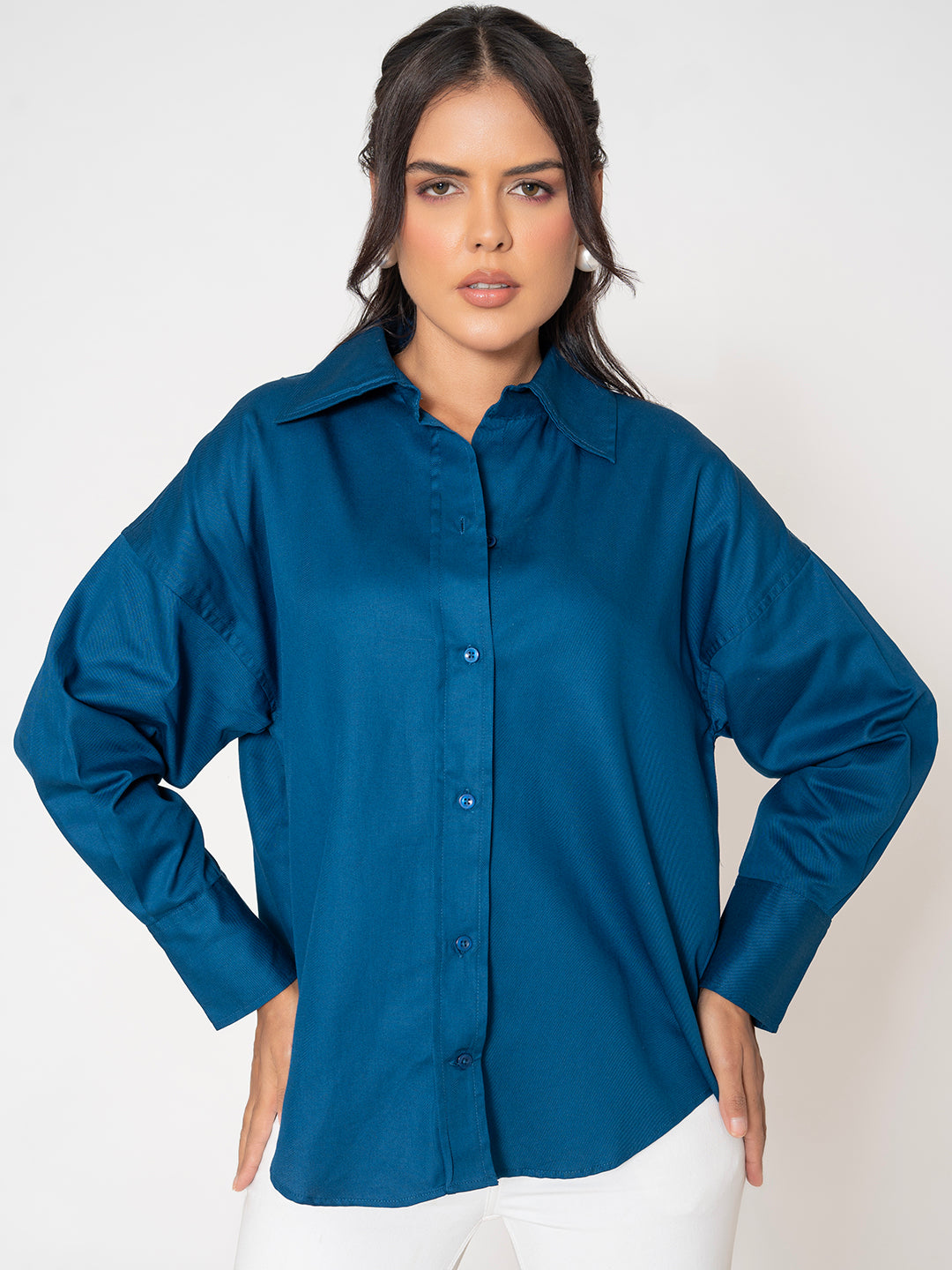 Back view of navy cotton twill shirt