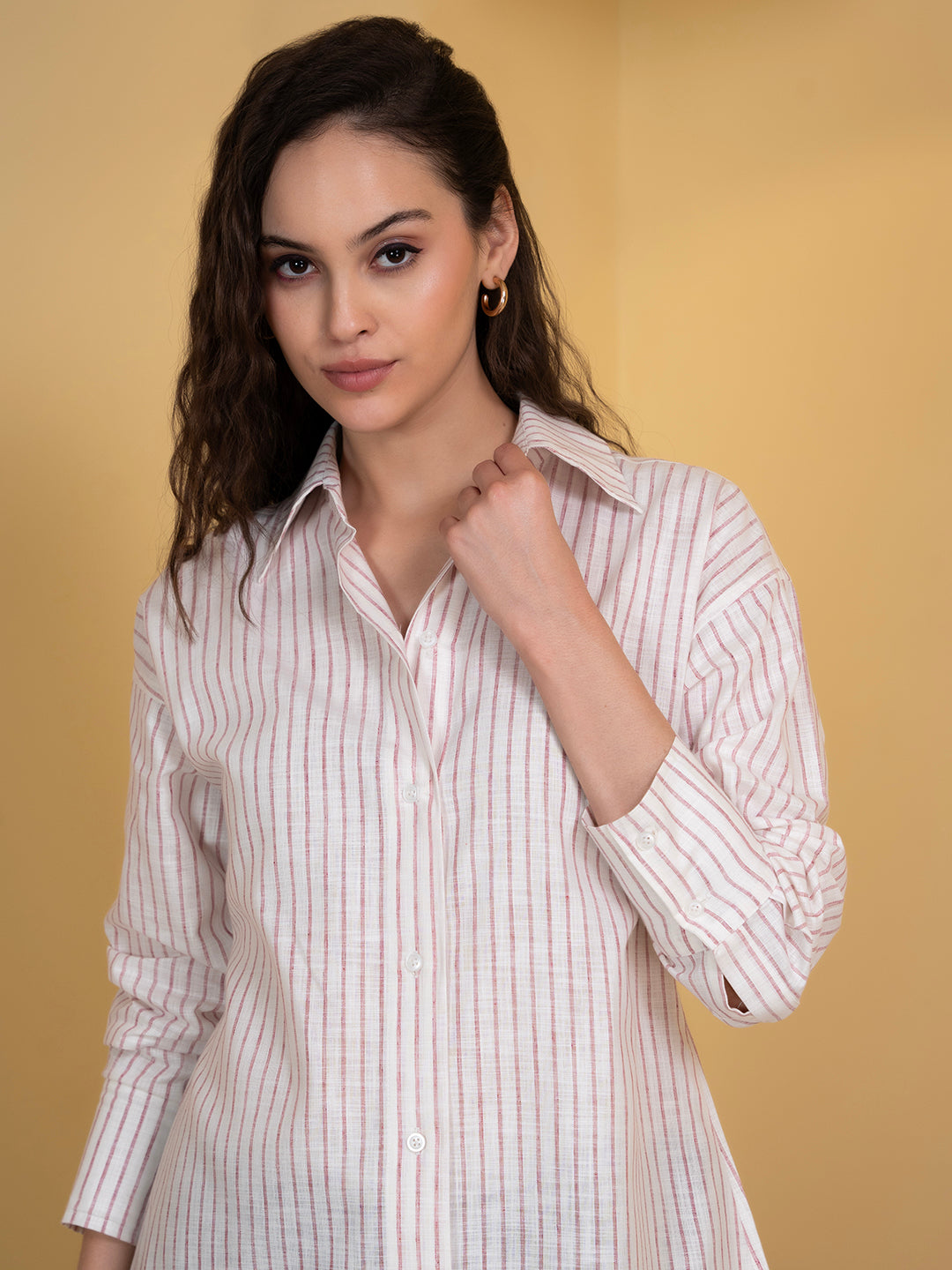 Close-up of white and pink stripe pattern on linen blend