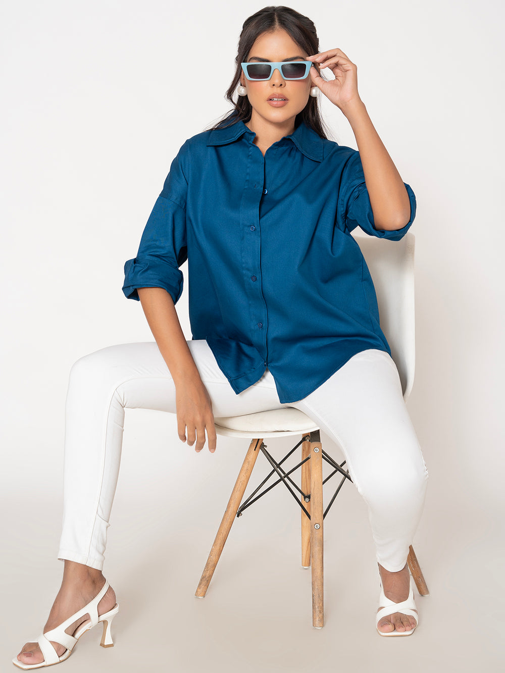 Navy twill cotton shirt styled open
