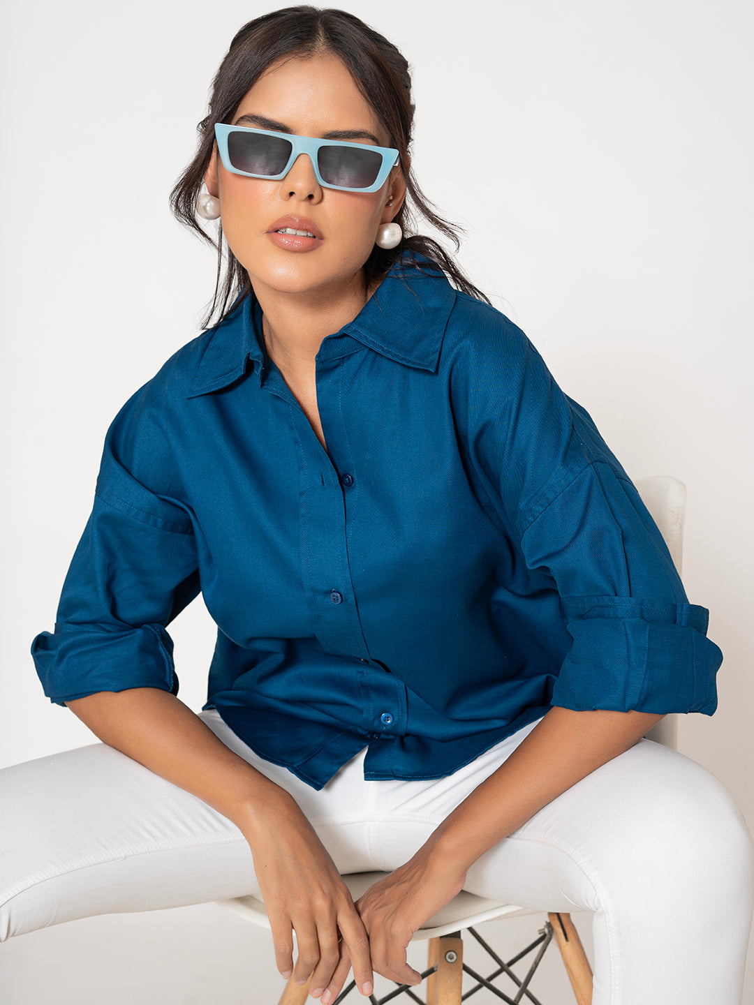 Side view of navy oversized cotton twill shirt