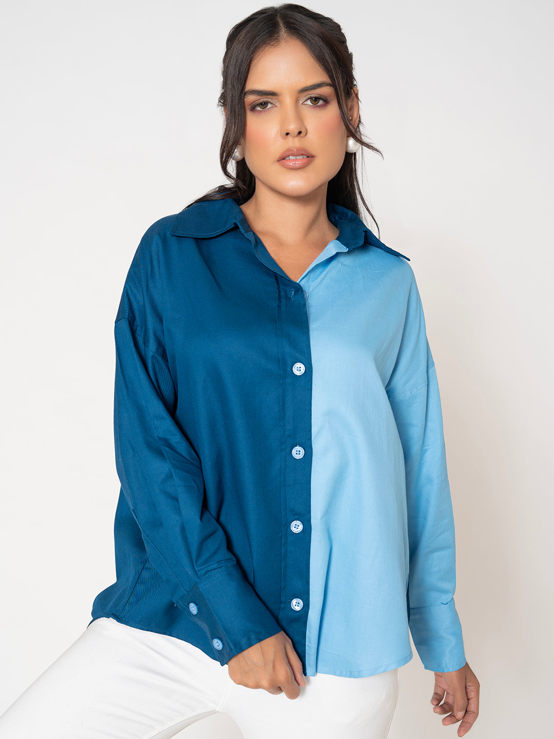 Close-up of colorblocked twill panels on the shirt