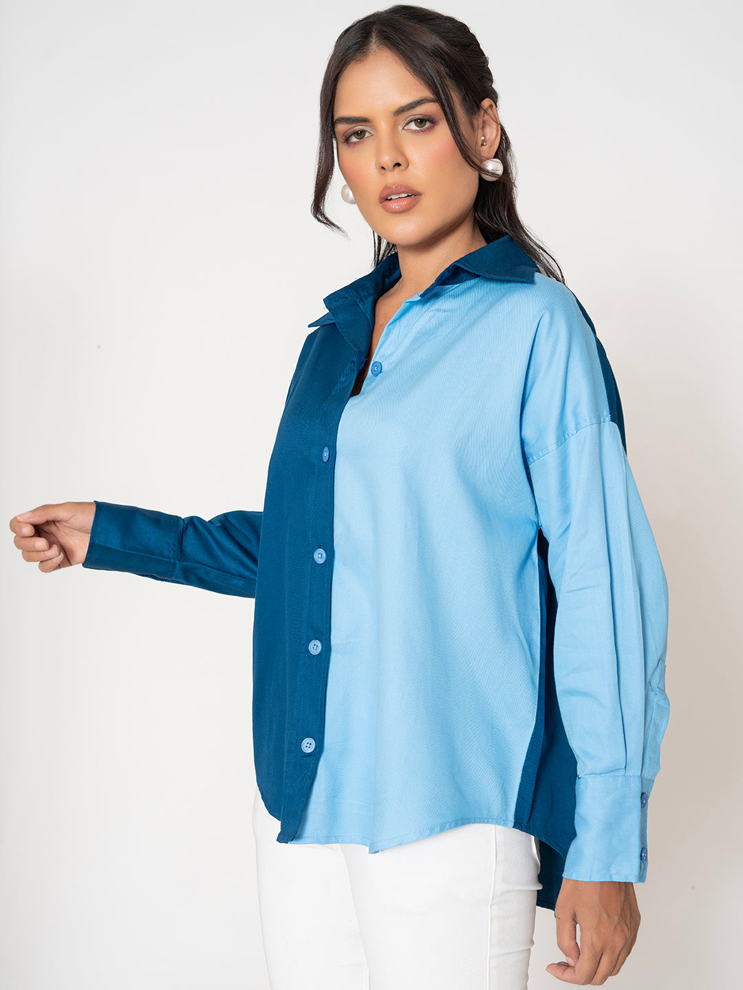 Back view of the navy and sky blue oversized shirt