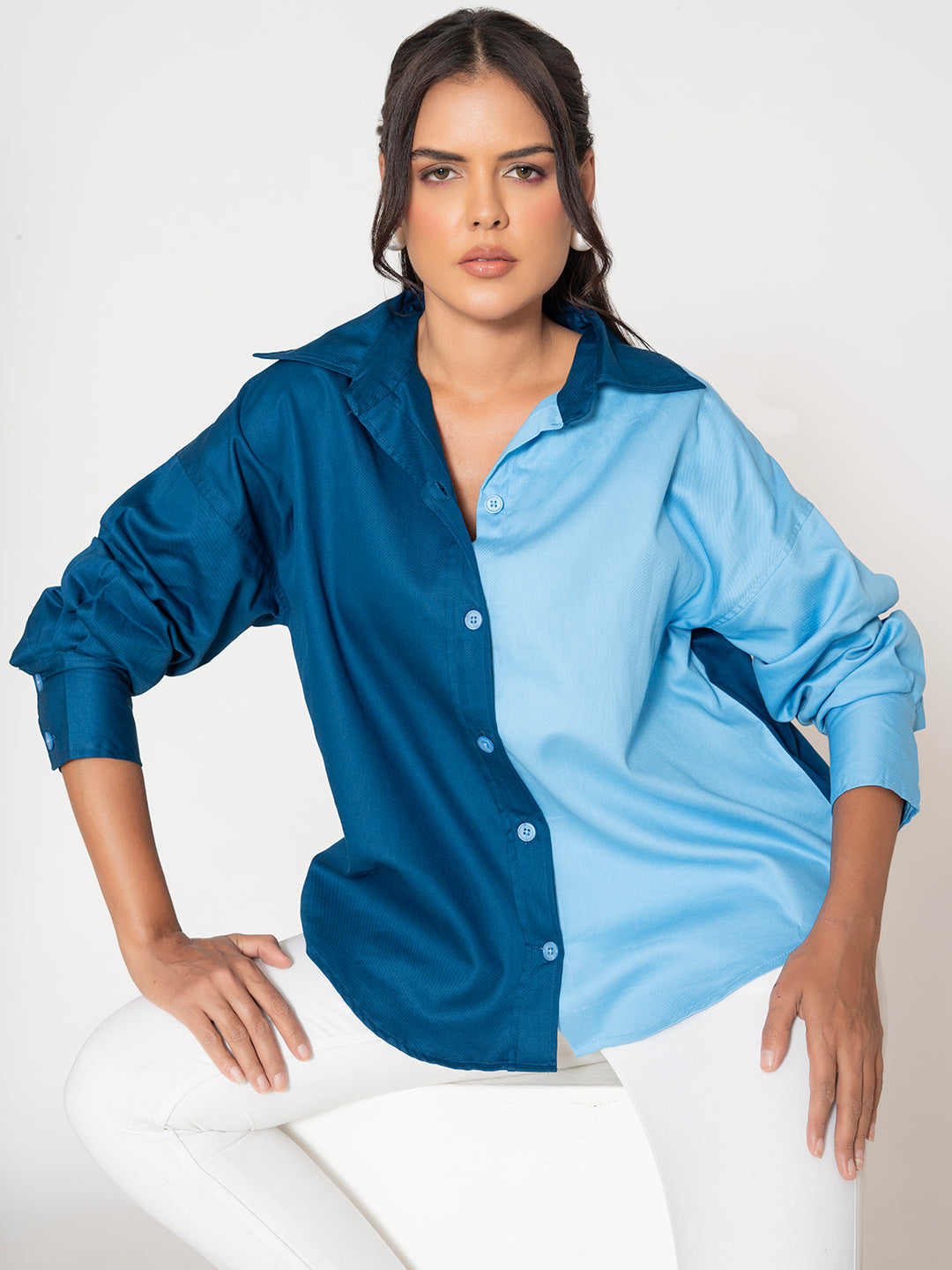 Front view of navy and sky blue colorblocked cotton oversized shirt