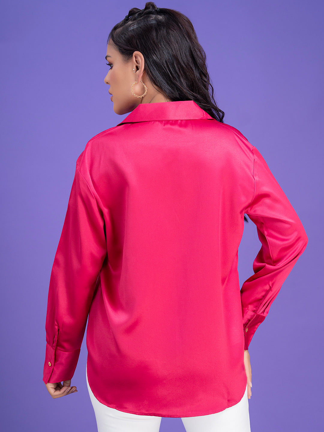Back view of pink satin shirt curved hem