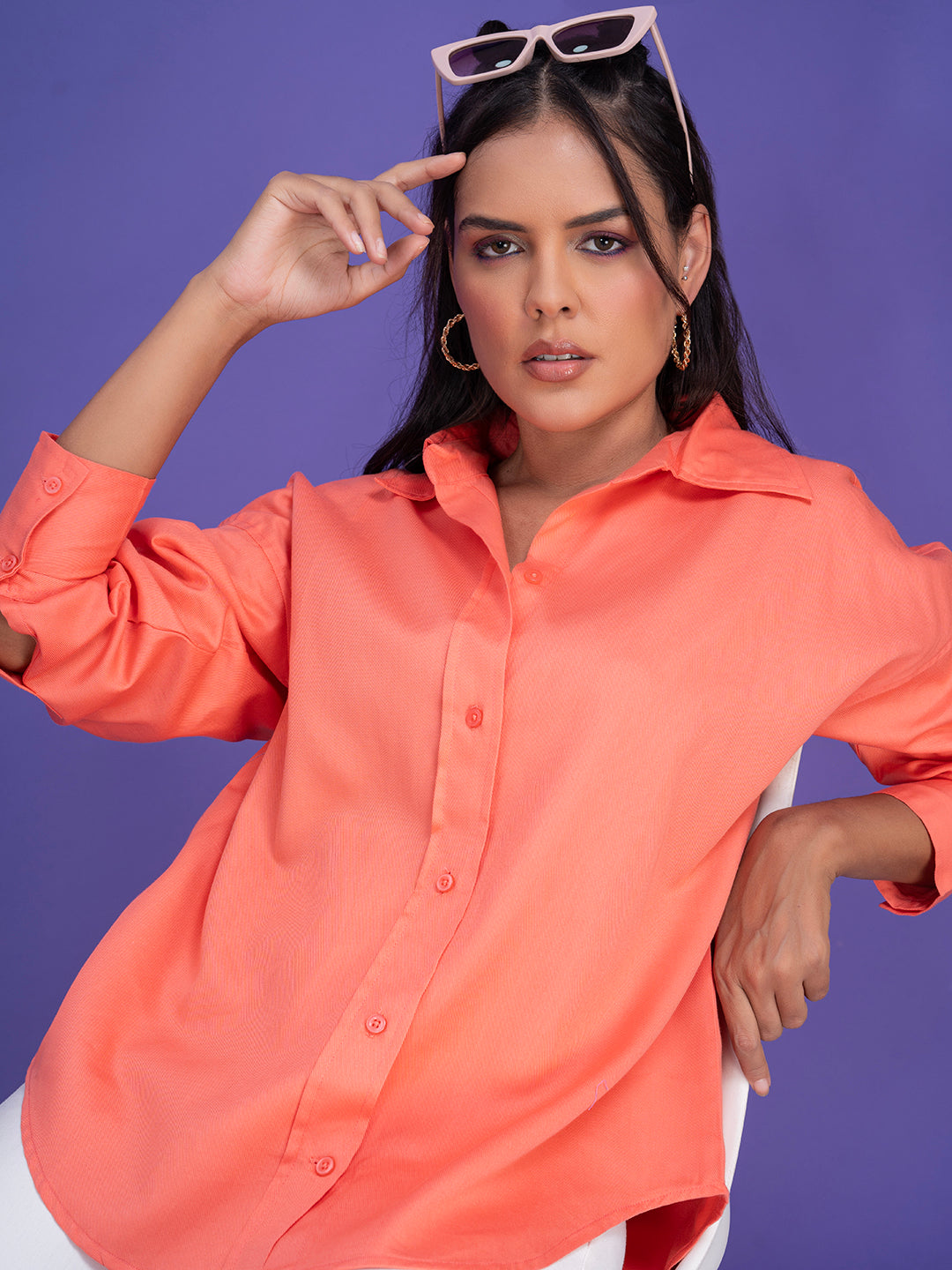 Front view of pink twill cotton oversized shirt for women