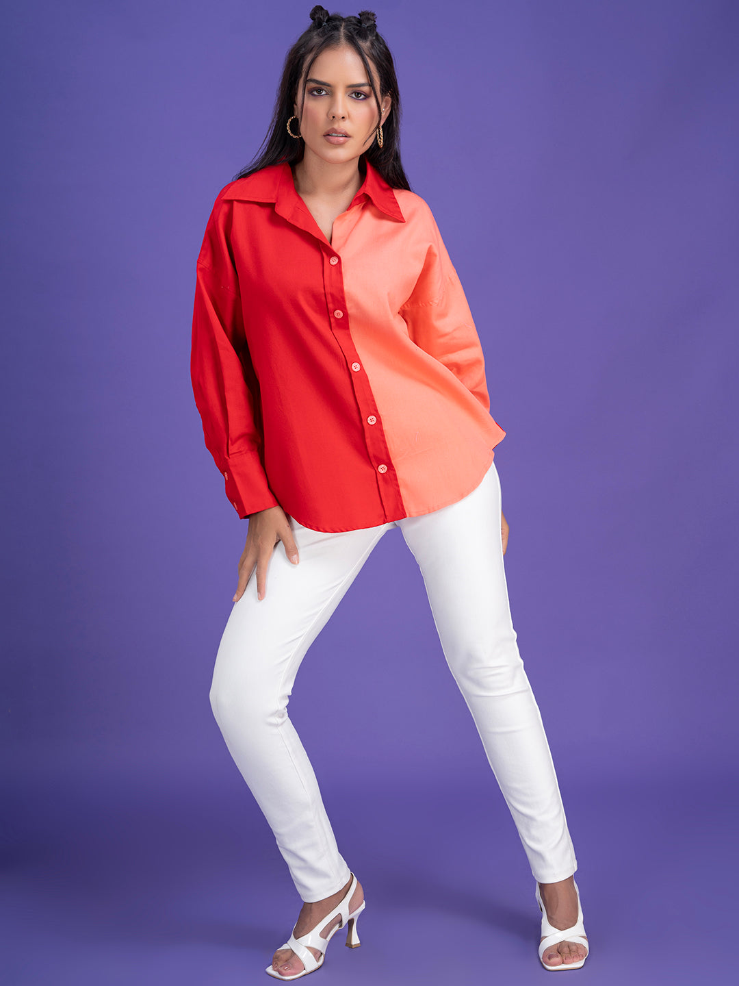 Side view of red and peach colorblocked oversized shirt