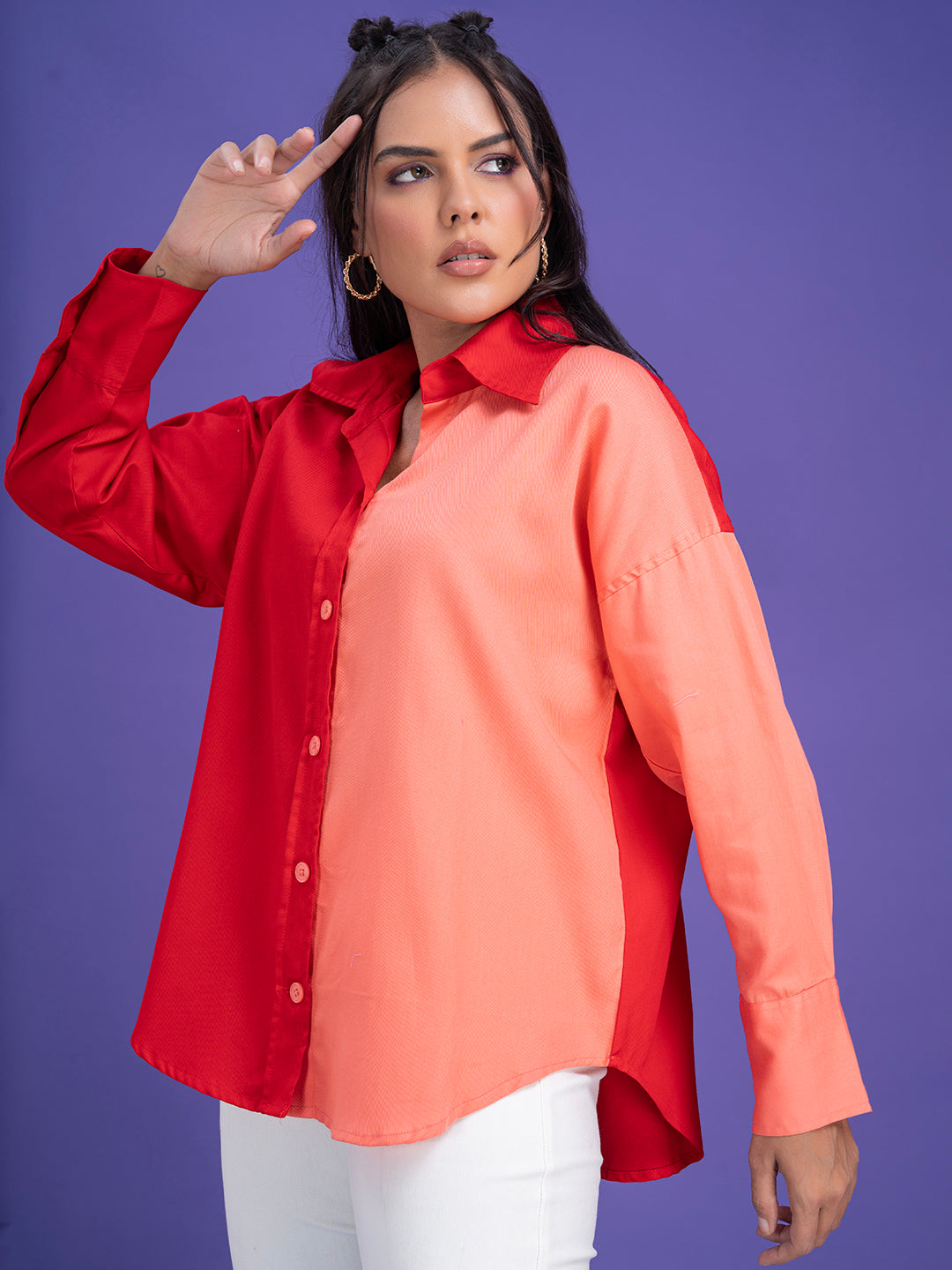 Close-up of colorblocked twill panels on the shirt