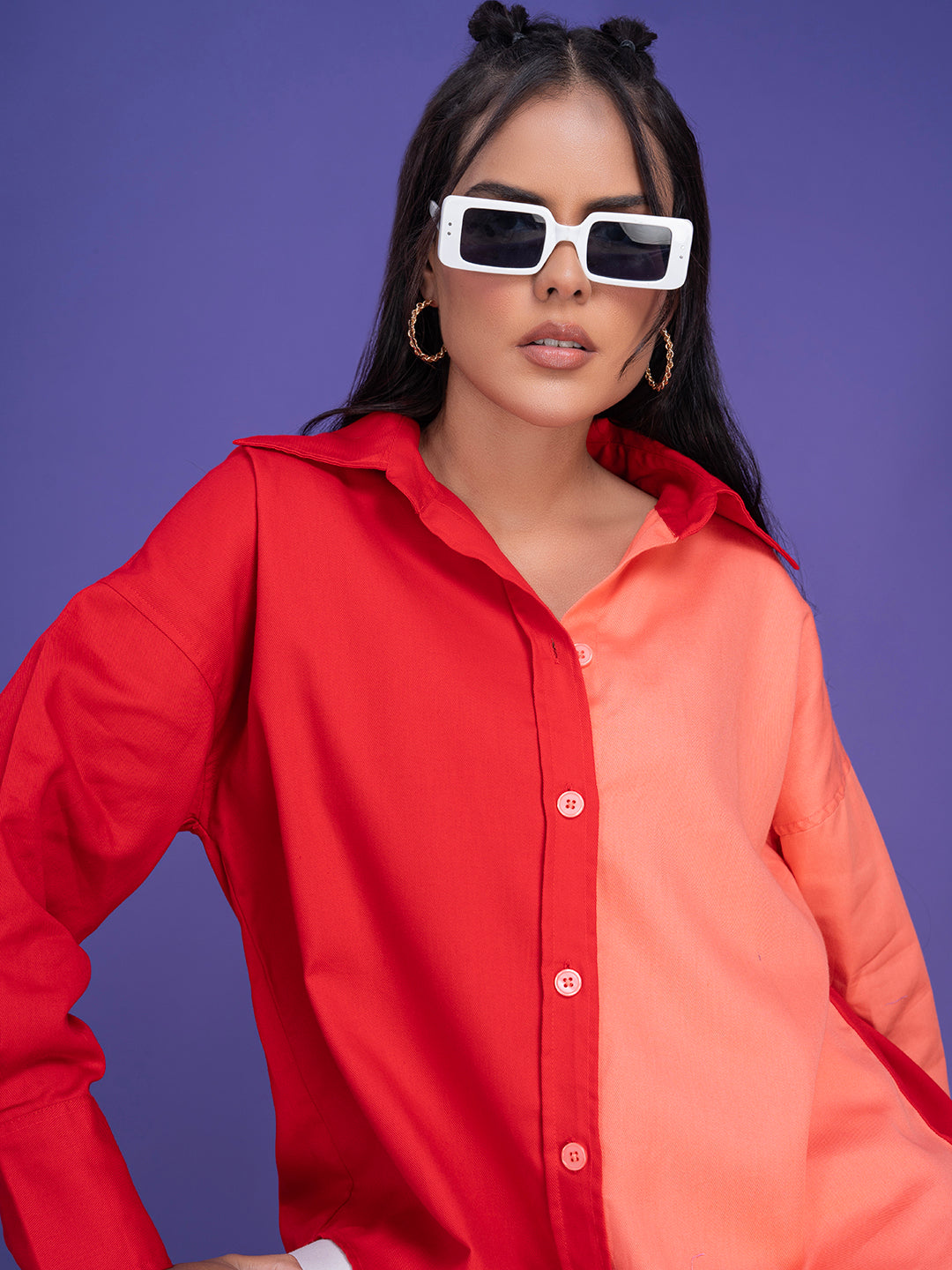 Front view of red and peach colorblocked cotton oversized shirt