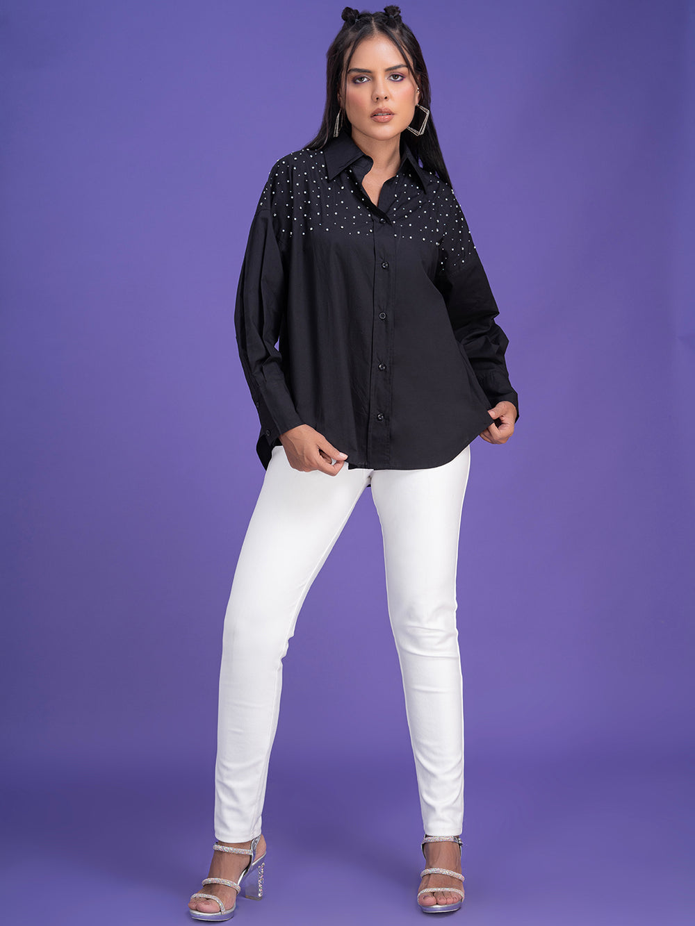 Side view of black oversized poplin shirt