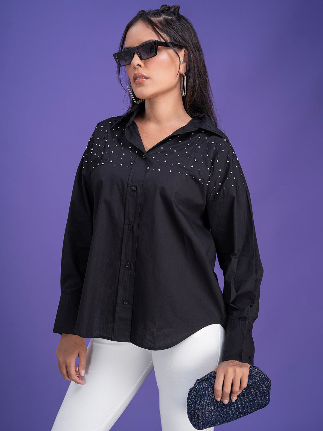 Spread collar detail on black cotton shirt