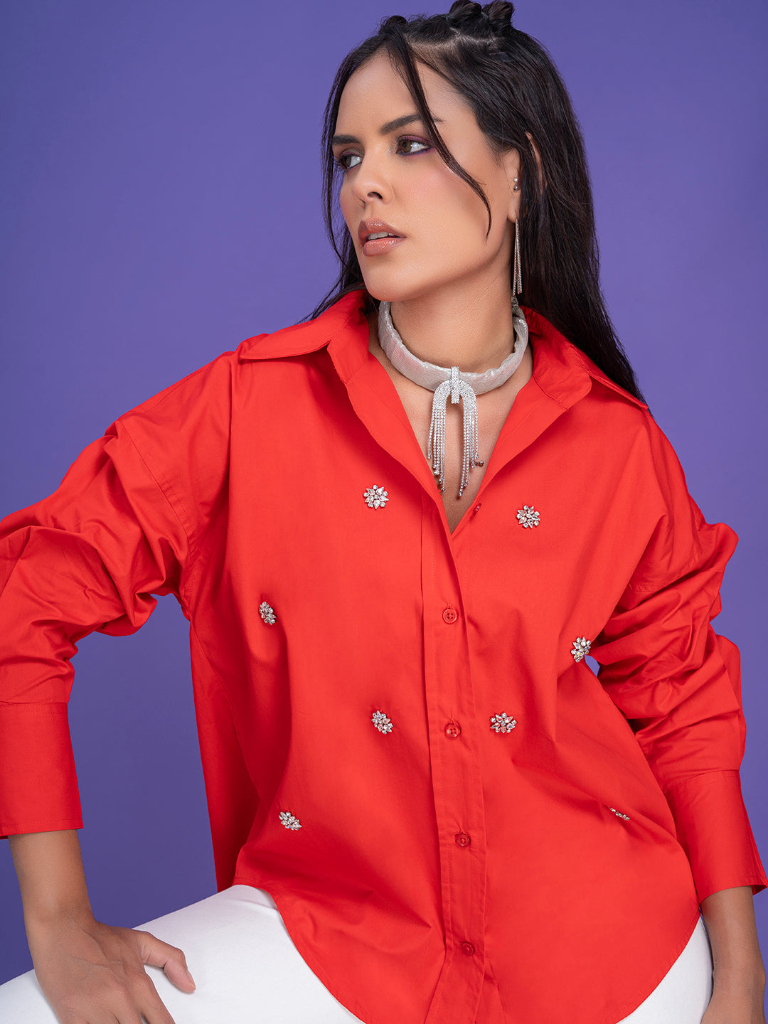 Front view of red poplin cotton oversized shirt for women