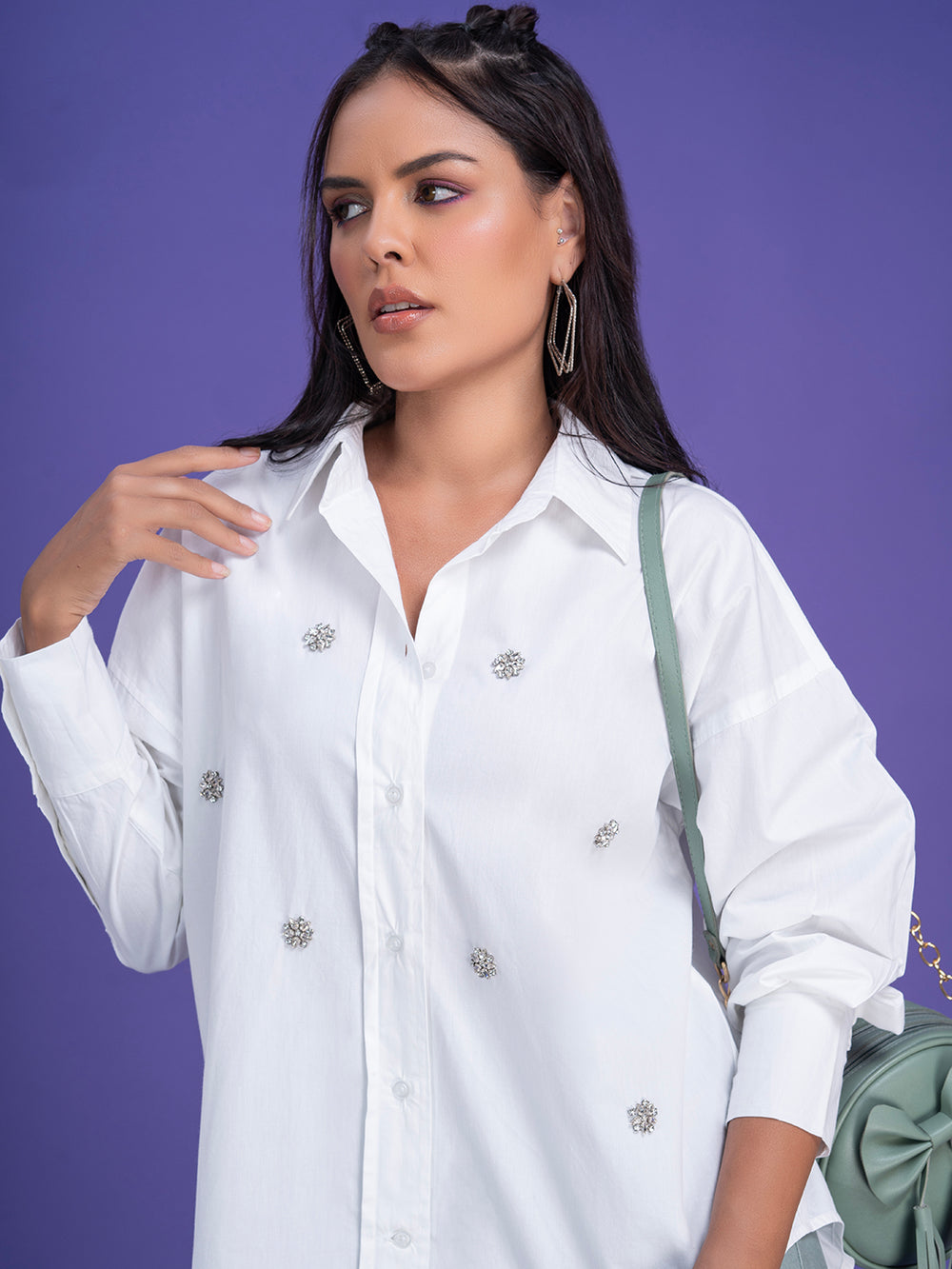 Side view of white oversized poplin shirt