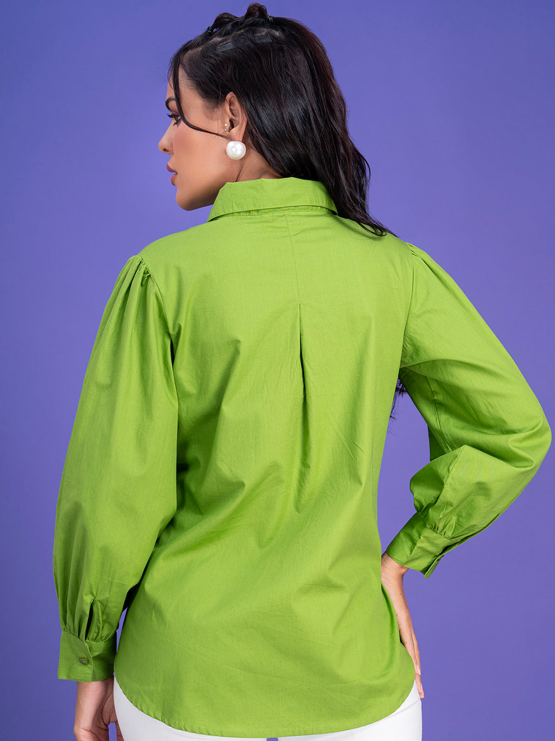 Back view of the lime green poplin oversized shirt