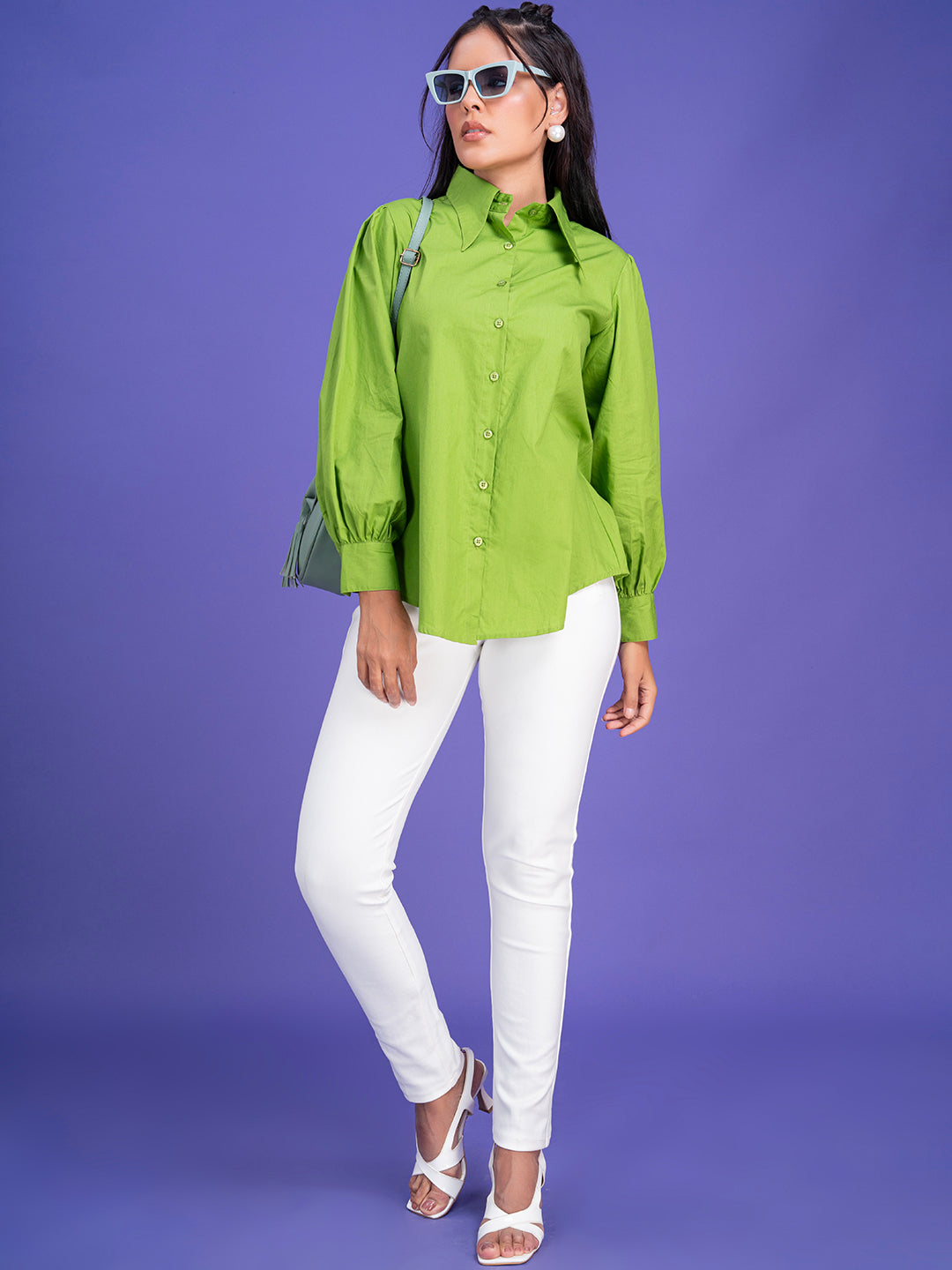 Spread collar detail on lime green cotton shirt