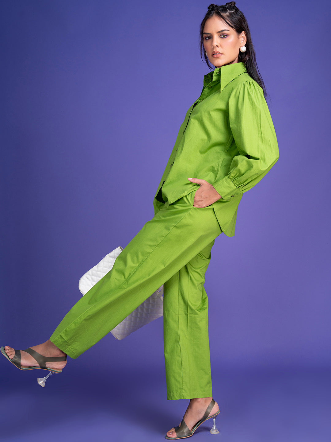 Detail of cotton shirt in lime green co-ord