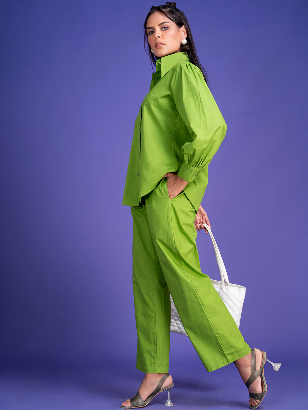 Close-up of cotton pant in lime green co-ord