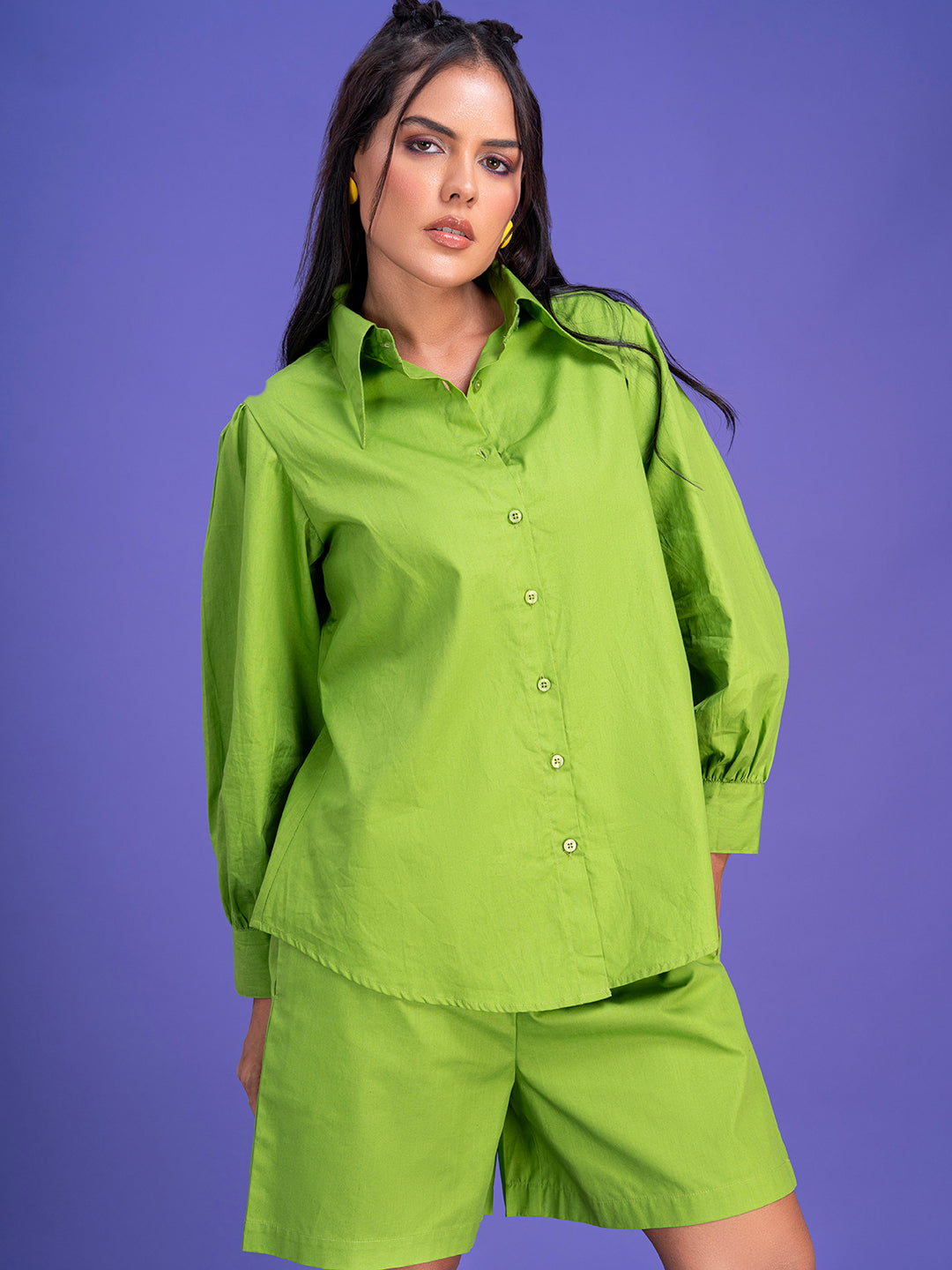 Front view of lime green cotton shirt and shorts co-ord set