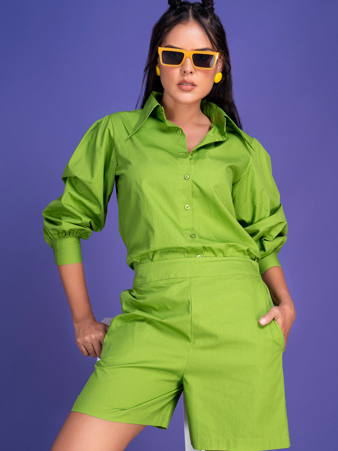Lifestyle shot of model in lime green cotton co-ord set