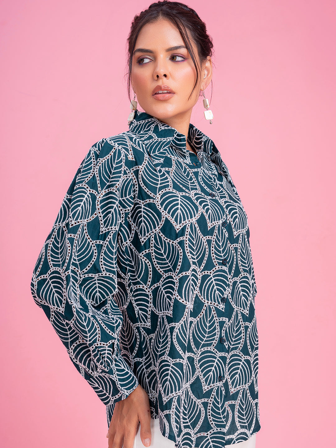 Side view of green schiffli cotton shirt