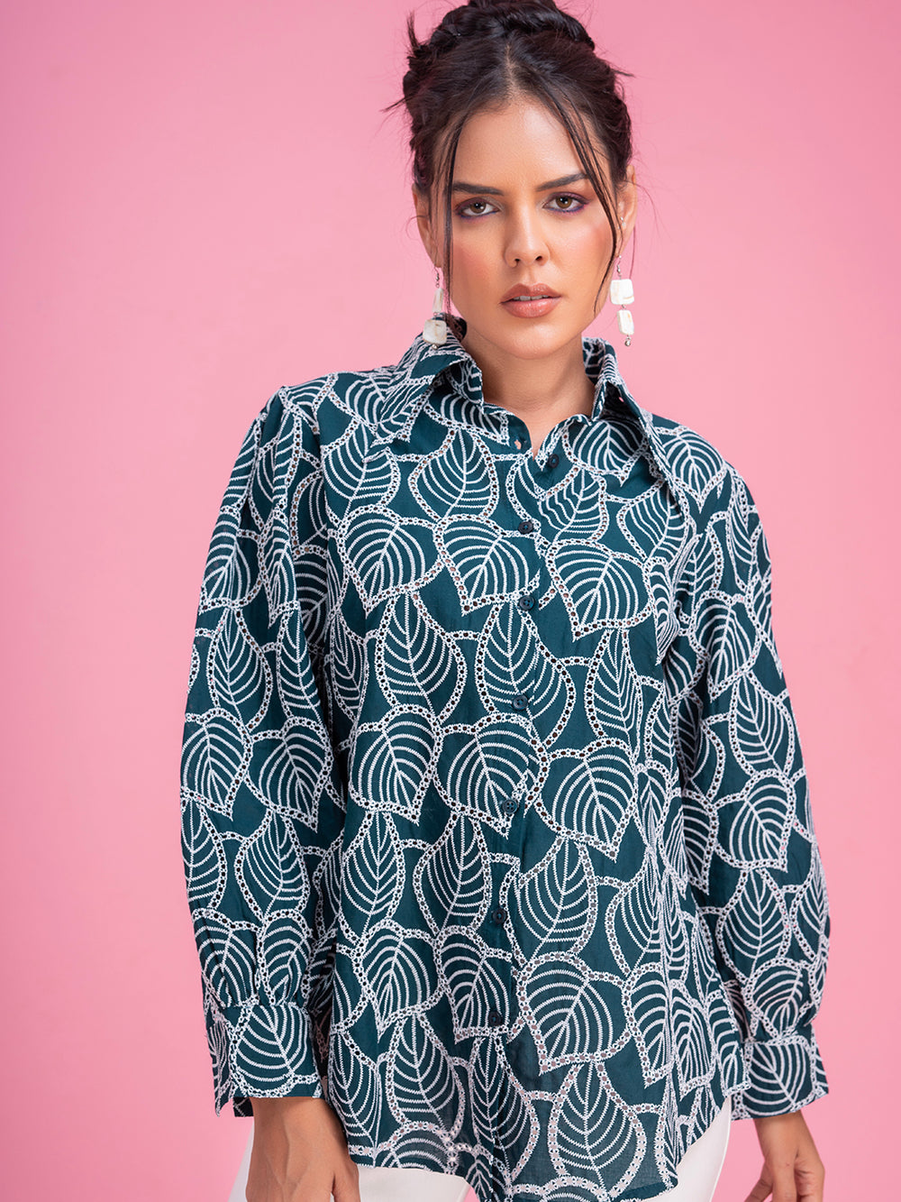 Front view of green cotton schiffli embroidered shirt