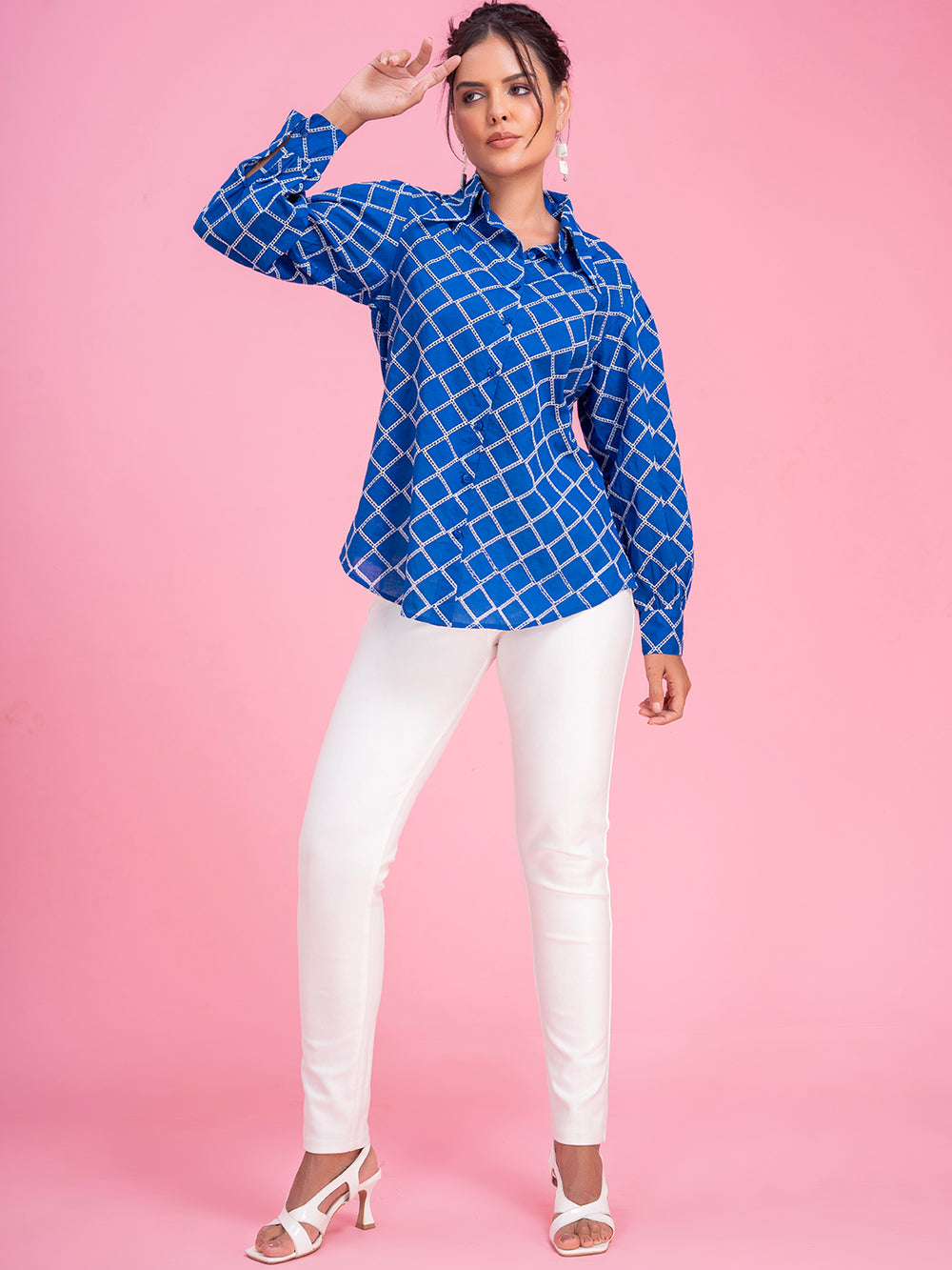 Side view of navy schiffli cotton shirt