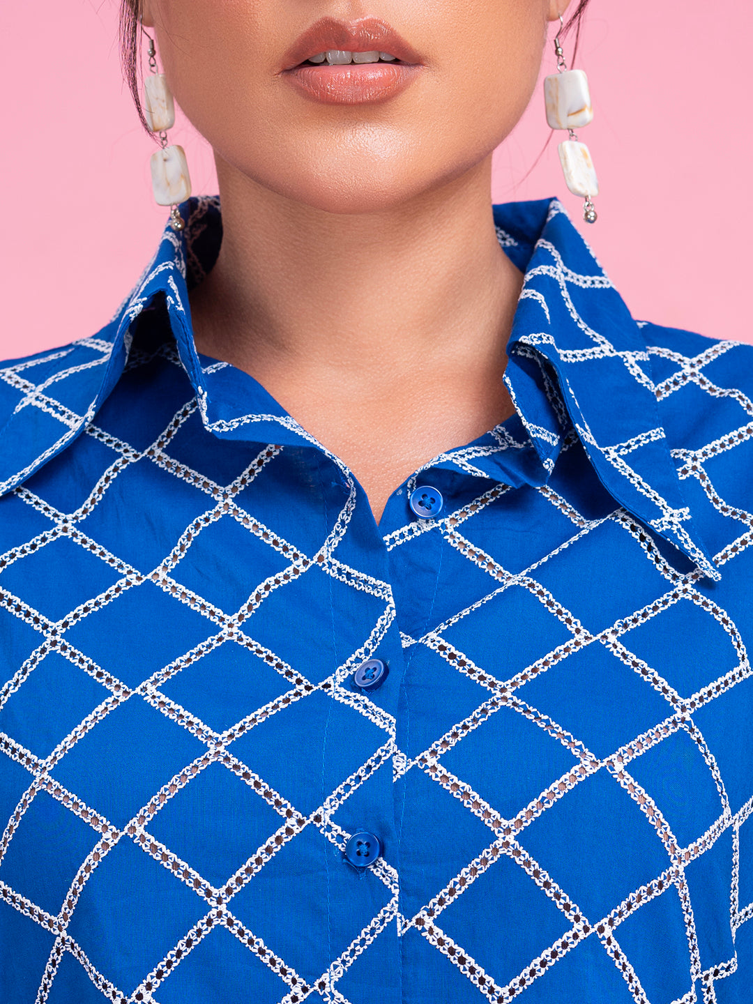 Navy cotton shirt styled buttoned full length