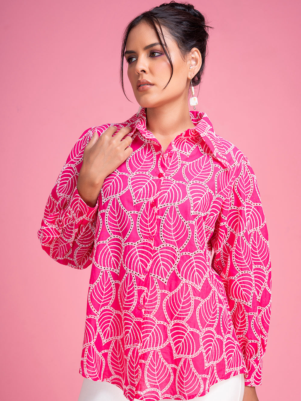 Front view of pink cotton schiffli embroidered shirt