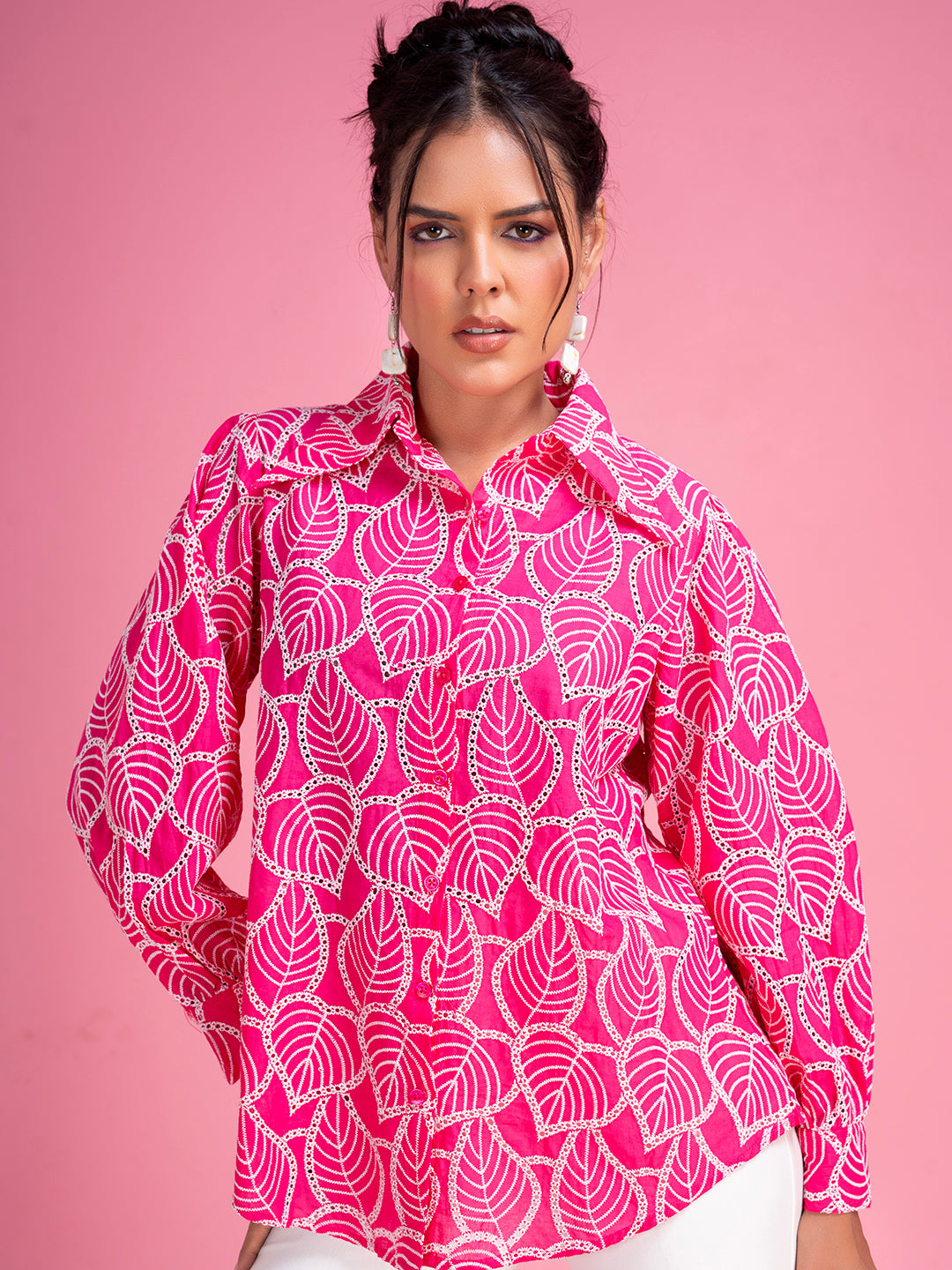Side view of pink schiffli cotton shirt
